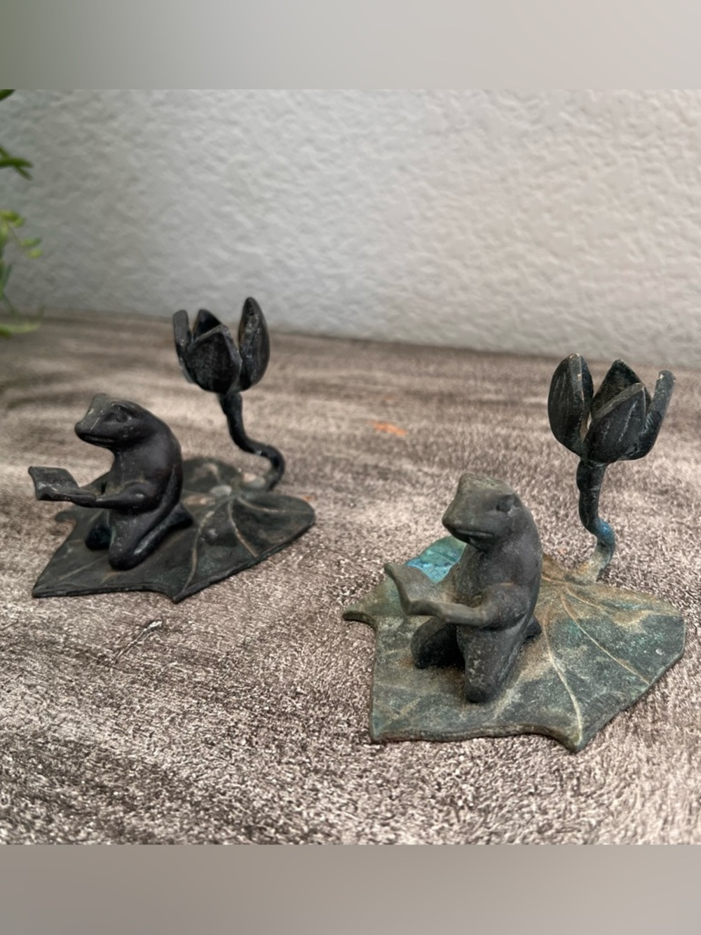Pair of Vintage small cast iron Candlestick holder The Reading Frog on Leaf
